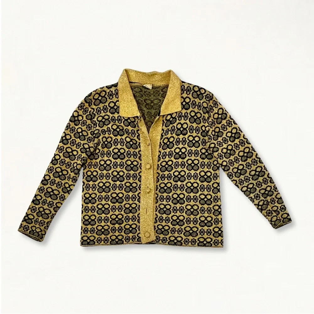 Vintage 60s 70s Gold and Black Metallic Lurex Collared Cardigan Sweater - Picture 8 of 10